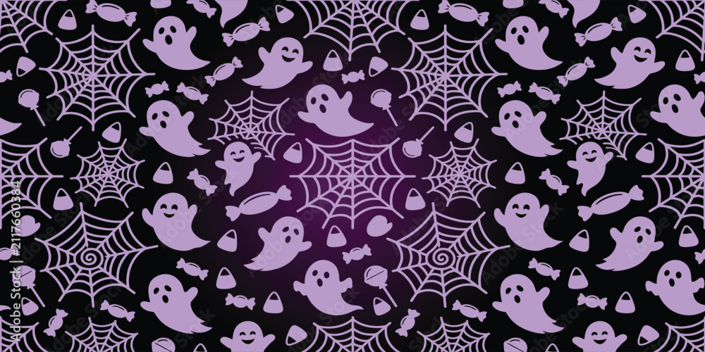 Fototapeta premium Seamless halloween background pattern with ghost and spider web illustration