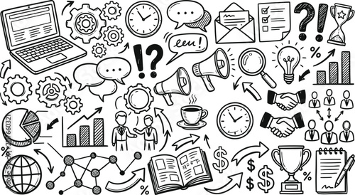 Fotografía Hand drawn business and technology doodles set featuring icons of communication