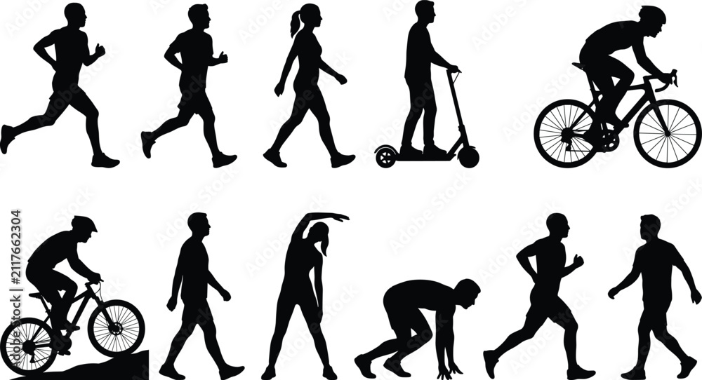 Obraz premium Sports Activity Silhouette Collection with Running Walking Cycling and Scooter Poses Isolated on White Background