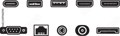 Computer hardware port interface and cable connector black icon set.
