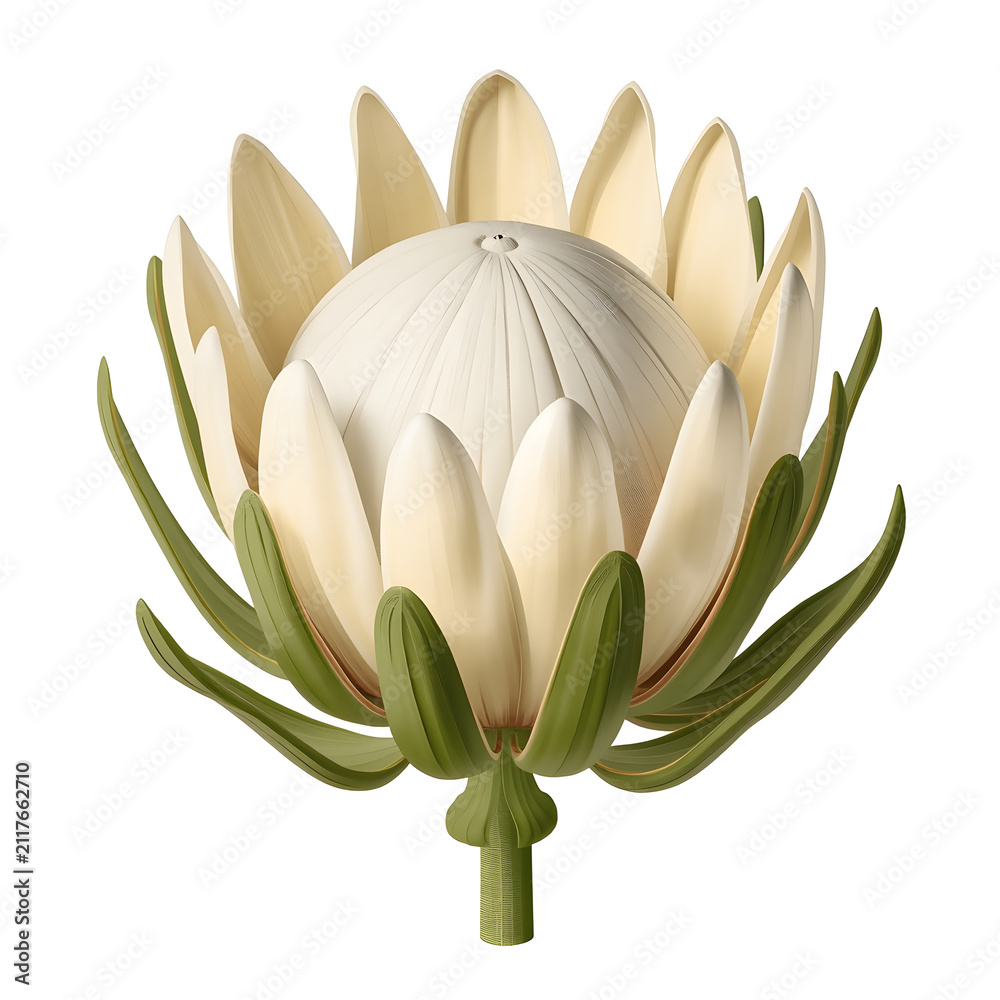Fototapeta premium White King Protea Flower Botanical Illustration Realistic Cream Protea Floral Art Isolated on White Background