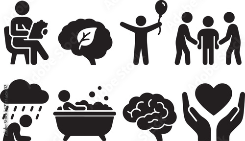 Mental Wellness Vector Icon Set Featuring Therapy, Brain, Emotional Support, Stress Relief, Kindness and Self Care for Health and Counseling Services