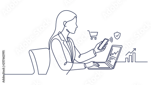 Continuous line drawing of a businesswoman working on a laptop and smartphone.