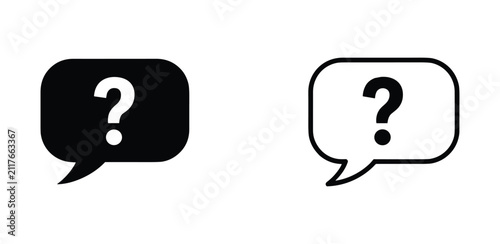 Fotografie Question Marks in Speech Bubbles: A graphic representation of two speech bubbles, one solid black and one outlined in white, each containing a prominent question mark, symbolizing inquiry, confusion