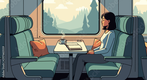 Woman Relaxing on Train Journey With Scenic Mountain View Outside