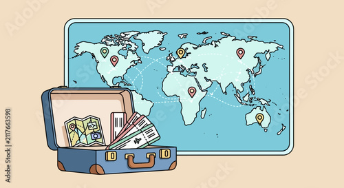 Illustrated Travel Planning with Map and Location Pins on Tablet