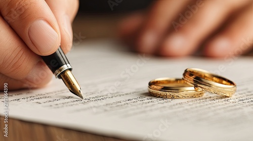 Close up of hand writing on legal document with wedding rings