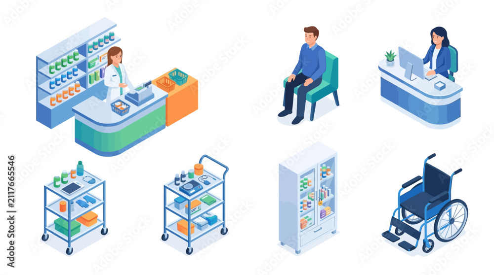 Fototapeta premium Medical and pharmaceutical workspace with laboratory equipment and healthcare professionals managing medication and patient
