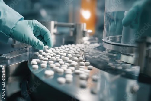 Pharmaceutical worker inspecting tablet medication production line work