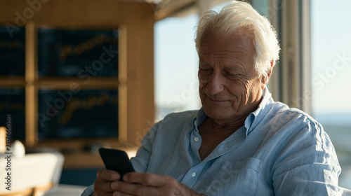 In a sunlit luxury penthouse a cautious elderly man scrolls an online dating app with an amused expression, framed stock trading monitor arrays glowing behind him and a family