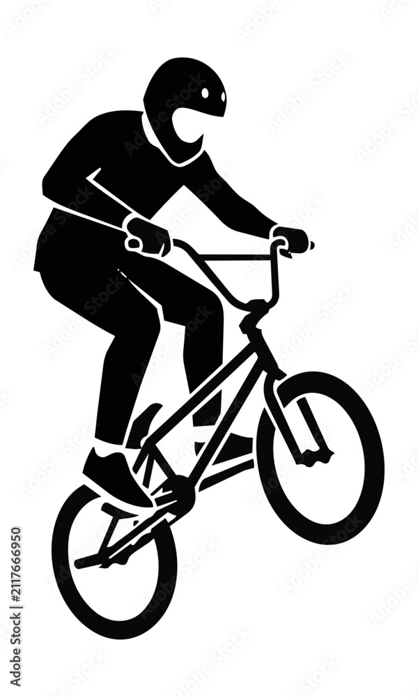 Fototapeta premium BMX athlete performing a dynamic mid-air tailwhip stunt in a high-contrast minimalist graphic style with bold shapes on a clean white background sports action concept