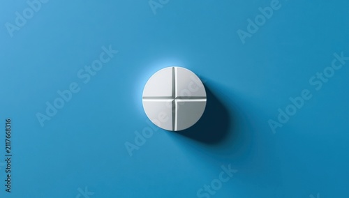 Obraz w ramie Single white scored tablet pill resting on a solid blue surface with soft shadow