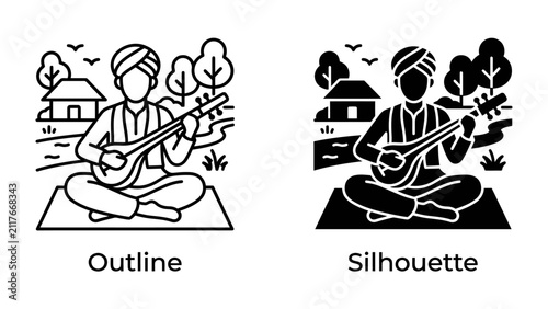 Foto Indian Musician Playing Sitar: A traditional Indian musician, adorned in a turban, sits cross-legged playing a sitar in a pastoral setting with simple dwellings and trees