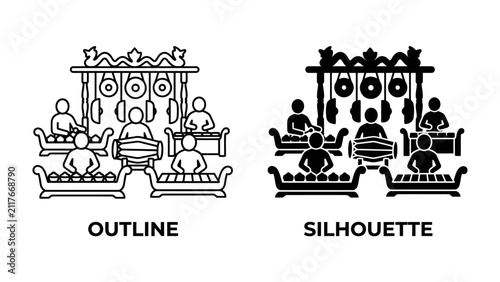 Obraz na płótnie Gamelan Ensemble Performance: Two depictions, one outline and one silhouette, showcase a traditional Indonesian gamelan orchestra with musicians playing various percussion instruments