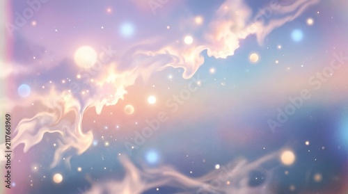 A dreamy, ethereal nebula swirls with soft, pastel colors, resembling a cloud of light. Sparkling, luminous dots scatter throughout the background, mimicking stars.