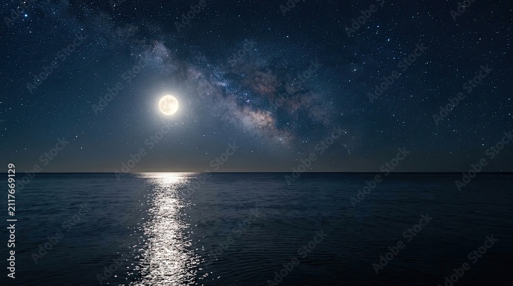 Obraz premium A full moon illuminates a calm ocean under a breathtaking night sky filled with stars and the Milky Way. The moon's light reflects on the water, creating shimmering patterns.