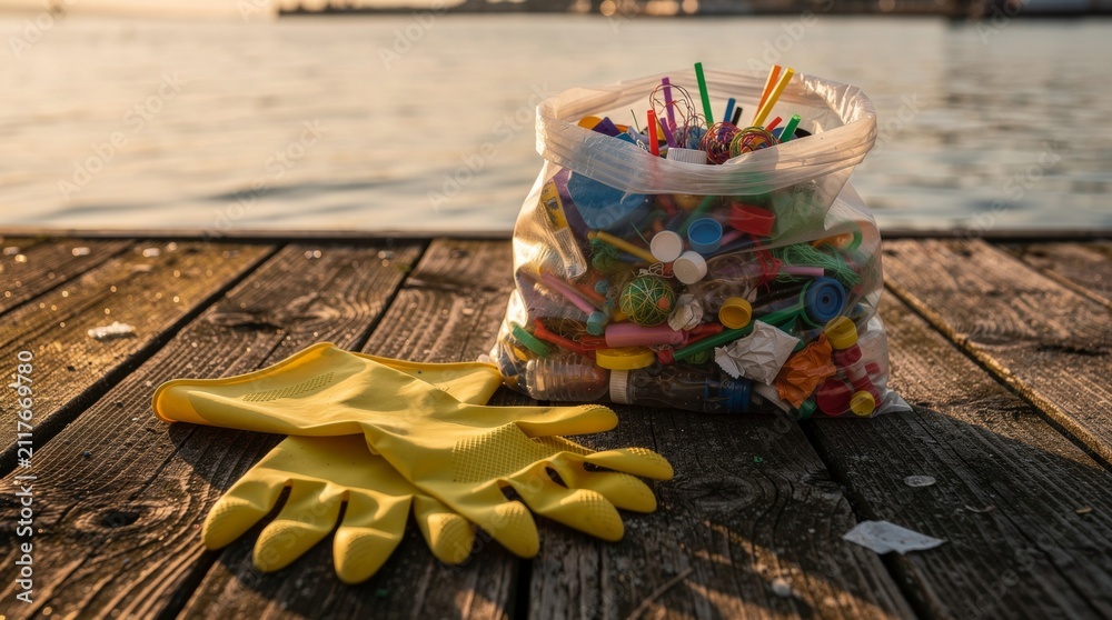 Fototapeta premium Yellow Gloves and Bag of Ocean Plastic Pollution by the Water