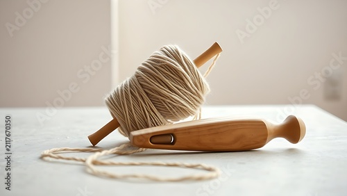 Unspun karakul wool yarn and wooden weaving shuttle on stone surface, artisan fiber craft concept
