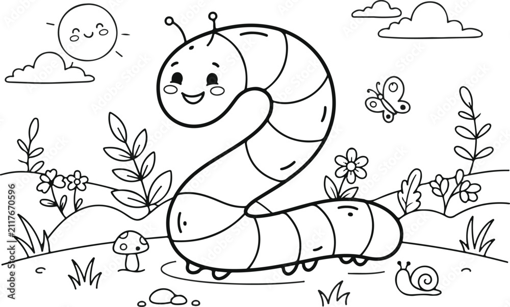 Fototapeta premium Cute Cartoon Number Two Shaped Caterpillar in Garden Outline Vector Illustration with Sun Flowers and Butterfly for Kids Coloring Book Page