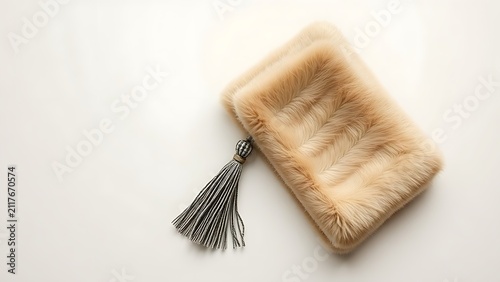 Folded karakul fur pelts and wool tassel, heritage craft still life