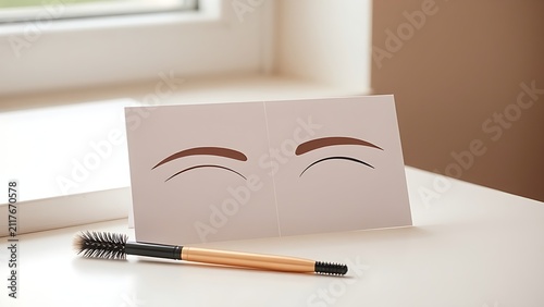 Split-frame eyebrow comparison with two shape templates and spoolie brush, brow design and shaping concept