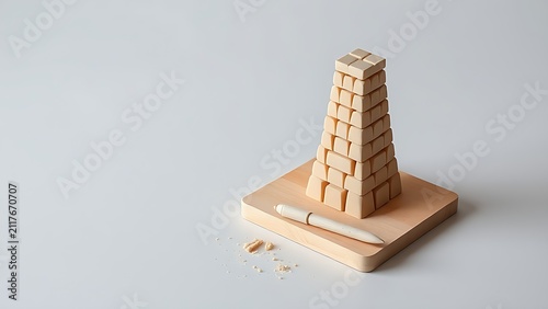 babel. Miniature Tower of Babel clay sculpture on wooden board with shaping stick, educational craft concept, event programs.