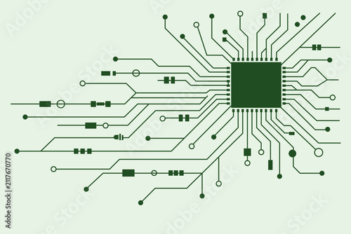 Abstract illustration of a central processing unit with complex electronic circuit board traces and components, representing technology and data flow.