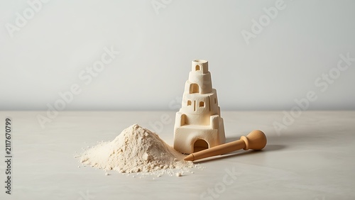 Half-formed clay Tower of Babel model with sand and tool, communication and learning concept