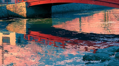 Cherry blossom petals floating on a river with the reflection of a red bridge during spring in Japan