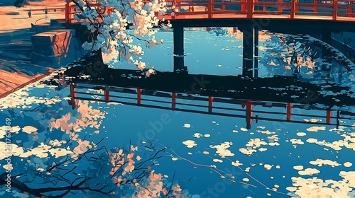 Cherry blossom petals floating on a river with the reflection of a red bridge during spring in Japan