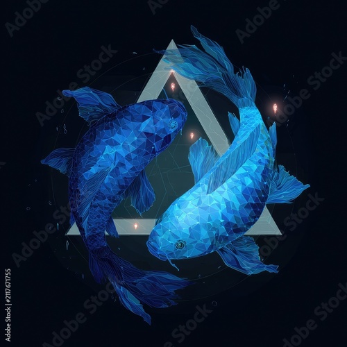 Two stylized koi fish in blue hues, forming yin-yang symbol with a geometric element