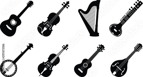 Set of classical and folk string musical instruments vector silhouettes including acoustic guitar violin harp sitar banjo ukulele mandolin