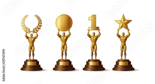 Set of Four Gold Trophies Featuring Silhouette Athletes Holding Awards High Above Their Heads