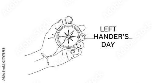 Hand holding compass, Left Handers Day graphic, navigation tool, white background, line art