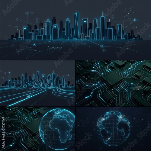 Digital city skyline with global data networks.