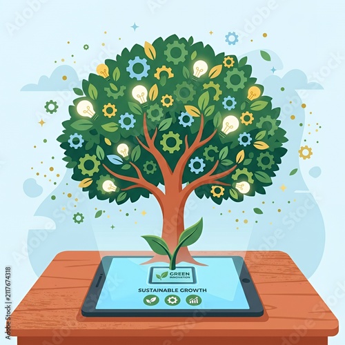 Digital tablet growing a tree of mechanical light bulbs.