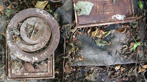 Rusty cast-iron stove parts abandoned on the ground. A layer of corrosion coats the dampers and burners. Dry leaves and branches lie around, creating an atmosphere of decay and neglect.