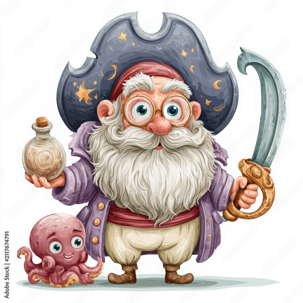 Obraz premium Watercolor Bearded Pirate Captain with Sword and Octopus