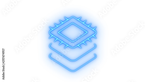 Glowing Blue Neon Stacked Microchip Processor Icon on Transparent Background