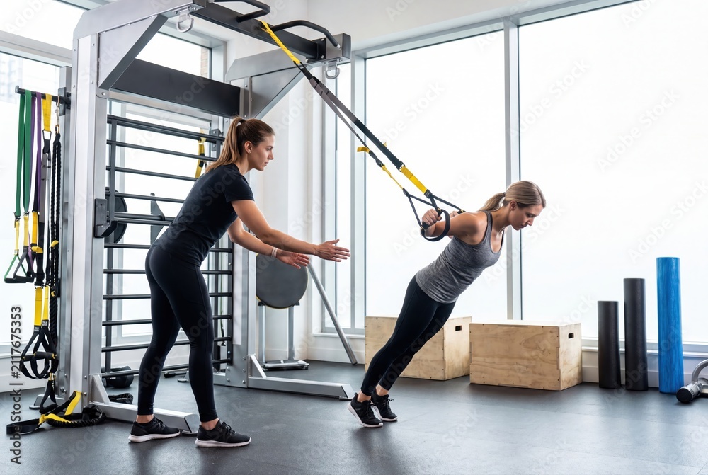 Fototapeta premium Personal trainer helping woman workout with suspension straps in gym