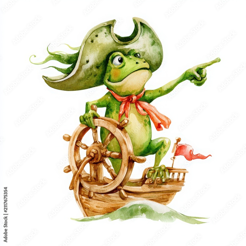 Fototapeta premium Whimsical Watercolor Pirate Frog Captain Steering a Ship Wheel for Talk Like a Pirate Day