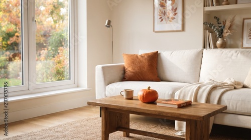 Minimalist Living Room Decorated with Autumn Pumpkin Accent