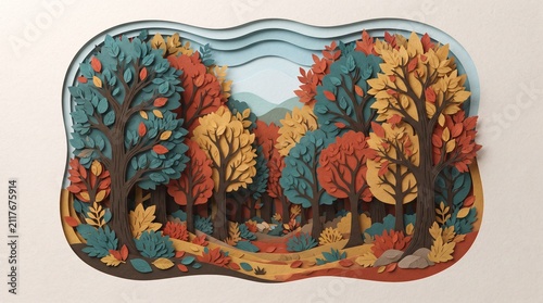 Artistic Autumn Forest Landscape with Colorful Trees