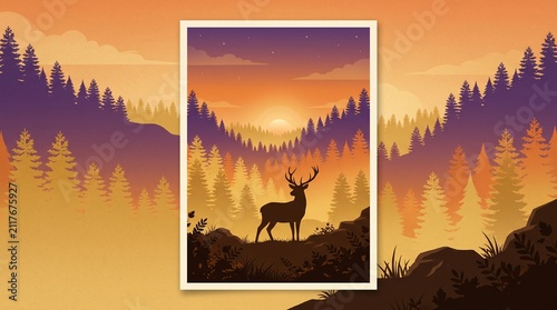 Deer Silhouette in Forest at Golden Sunset Landscape