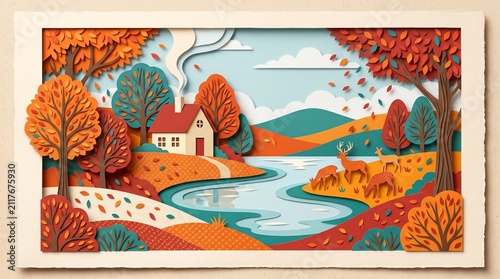 Whimsical Autumn Countryside Landscape with River and Cottage