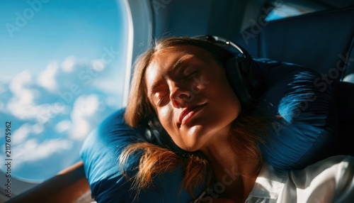 Woman sleeping peacefully on airplane with neck pillow during flight