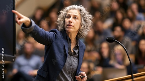 Woman with curly gray hair in blue blazer pointing at screen during presentation