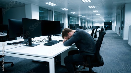 Stressed employee resting head on desk in a dark modern office at night