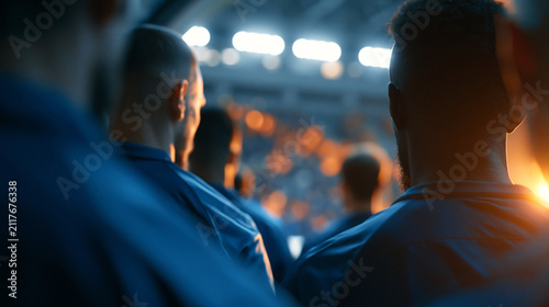 Tunnel walk with teams of faceless football players entering a sold-out soccer arena before a championship match, welcomed like heroes by international fans, with copy space