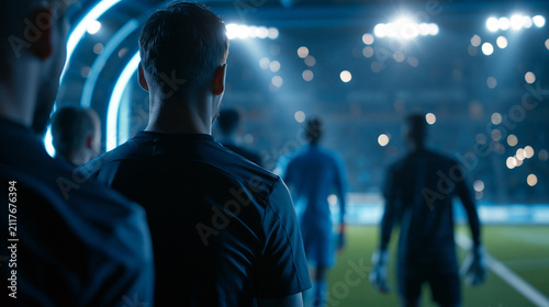 Faceless soccer players and a goalkeeper emerging from the stadium tunnel onto the field at a major professional championship event, acknowledging spectators before kickoff, with